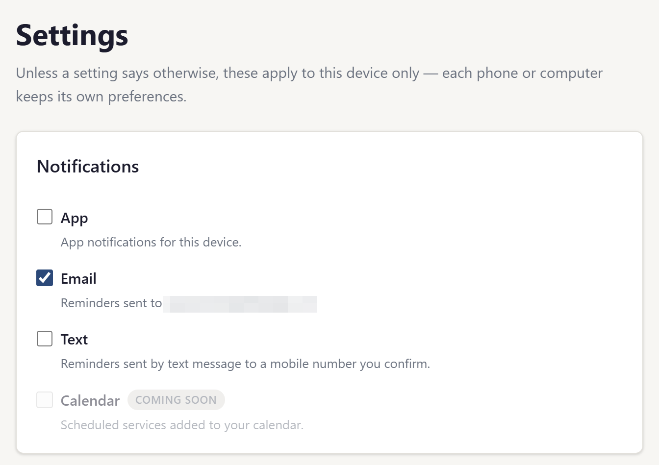 The Notifications settings, with the Text reminders checkbox unchecked.